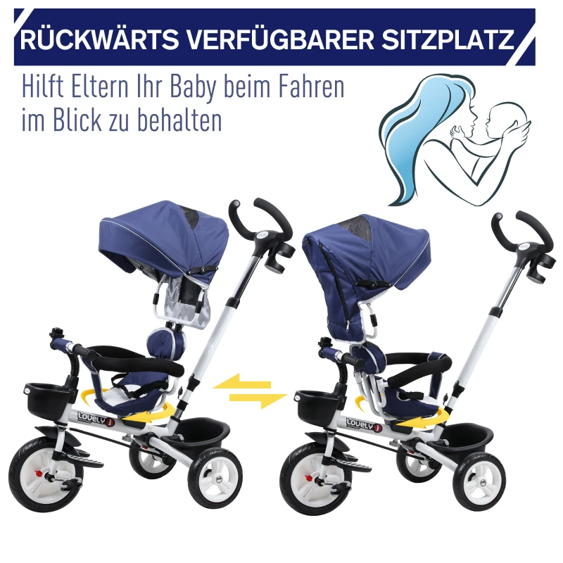 HOMCOM 4-in-1 Kinderdreirad, Kinder Fahrrad mit Sicherheitsgurt und Sonnendach, Dreirad, Kinderauto, Aluminium, Metall, Kunststoff, Blau, 118 x 53 x 105 cm