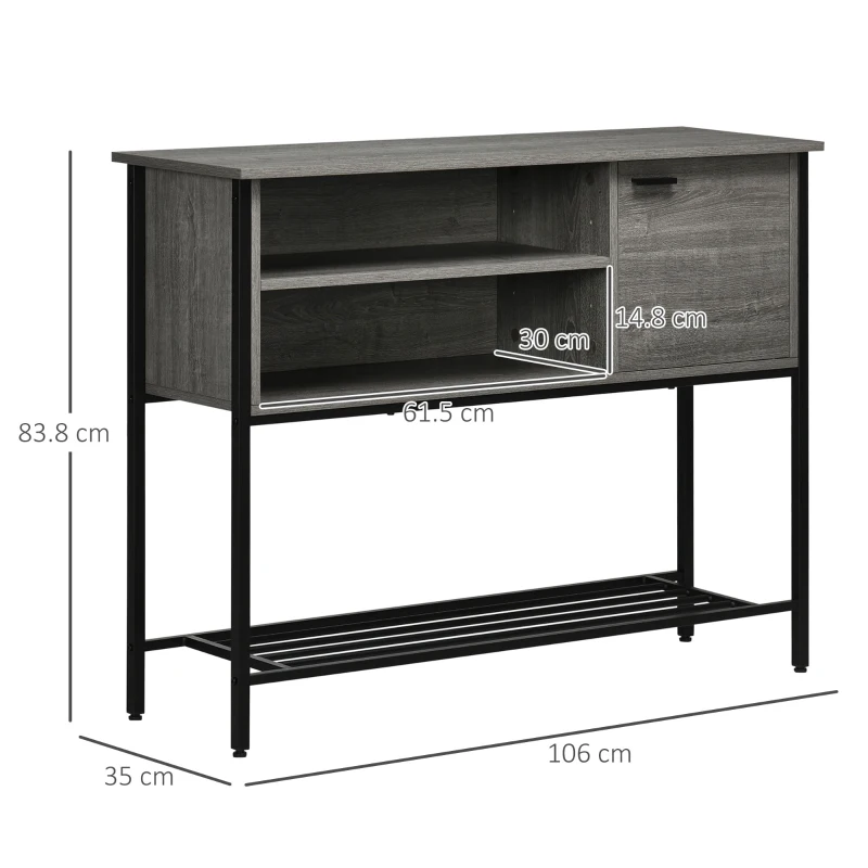 HOMCOM Industrial Console Table, Narrow Hallway Table with Cabinet, Open Compartments and Slatted Shelf for Entryway, Grey
