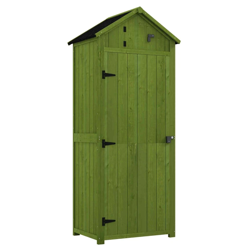 Outsunny Small Shed, Tall Slim Wooden Garden Shed with 3 Removable Shelves and Roof Hatch, Compact Outdoor Tool Storage Cabinet with Asphalt Roof and Door Latch, 77 x 54.2 x 179 cm, Green