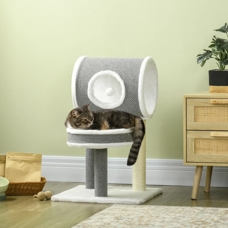 PawHut Cat Tree for Indoor Cats, with Scratching Post, Bed, Tunnel, Toy Ball, 48 x 48 x 73cm - White