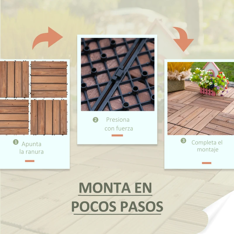 Outsunny Set de 27 Baldosas de Madera 30x30 cm con Área de 2,43 m² Losetas Sistema de Clic para Balcón Terraza Jardín Marrón