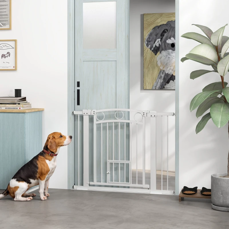 PawHut 77cm Tall Dog Gate with Cat Door, 7cm and 14cm Extensions, for Stairs, Doorways, 76-104cm Width