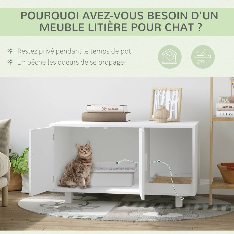 PawHut Maison de toilette pour chat, meuble 2 portes, compartiment griffoir, table d'appoint, 50,5H x 91L x 52l cm, MDF, blanc