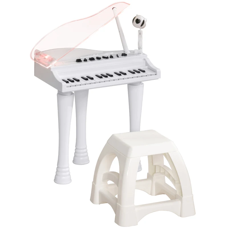 AIYAPLAY Juego de Piano Infantil de 32 Teclas con Micrófono Taburete Luces 22 Canciones y 4 Sonidos 37x30,5x60,4 cm Blanco