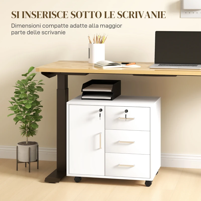 HOMCOM Schedario per Ufficio con 3 Cassetti e Armadietto con 3 Ripiani Regolabili, in Legno, 60x40x56 cm, Bianco