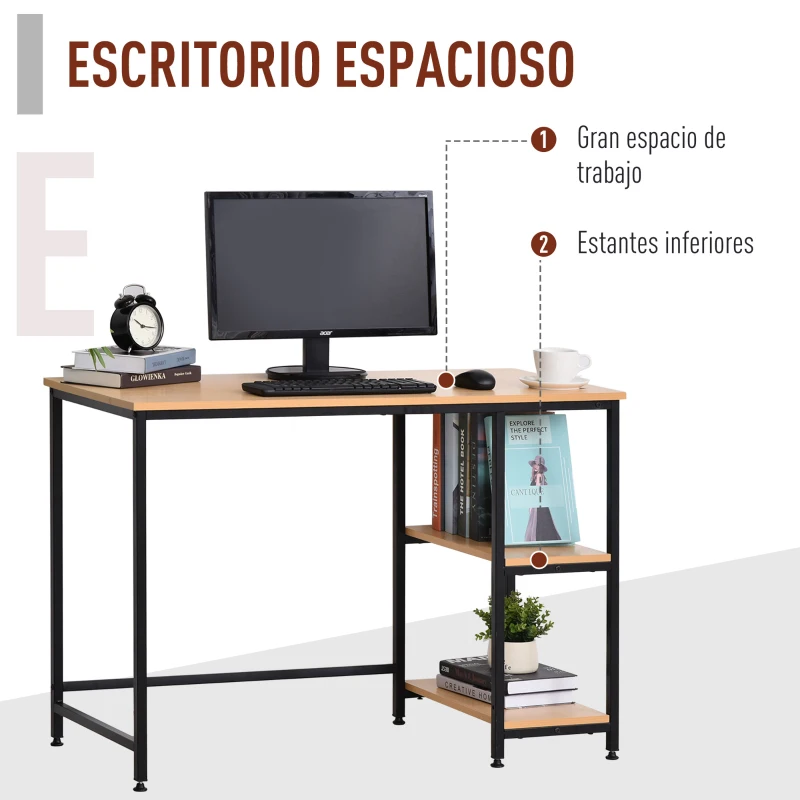 HOMCOM Mesa de Ordenador Escritorio para Oficina Estudio con Estantes de 2 Niveles Gran Superficie Patas con Protectores Regulables Antideslizantes 106x50x76 cm Color de Madera