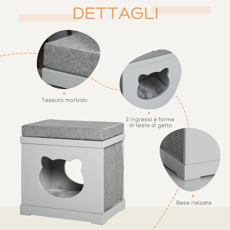 PawHut Cuccia Casetta per Gatti in Legno con 2 Cuscini e Tiragraffi Rimovibili, Grigio, 41x30x36cm