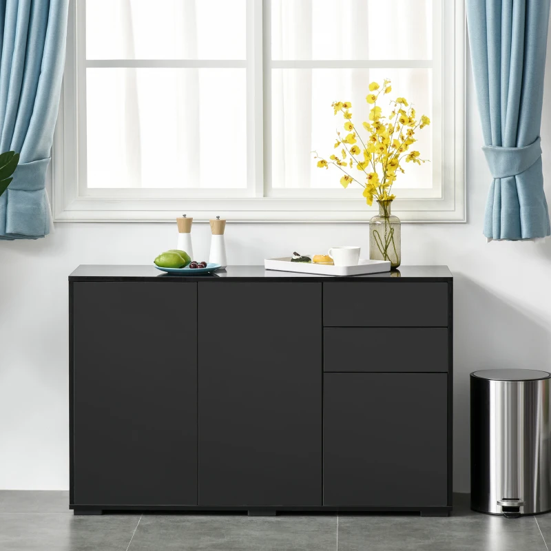 HOMCOM High Gloss Side Cabinet, Push-Open Design with 2 Drawers and 2 Cabinets for Living Room, 74H x 117W x 36Dcm, Black