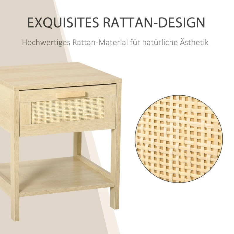 HOMCOM Nachttisch Nachtschrank Beistelltisch natürlicher Nachtkommode mit Schublade offenen Ablage Rattan-Design MDF Natur 40 x 40 x 48 cm