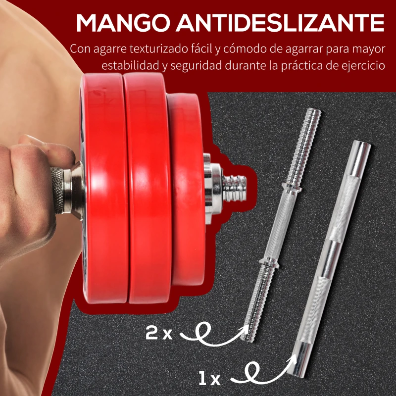 HOMCOM Juego de Mancuernas 30 kg Ajustables 2 en 1 con 12 Discos 2 Barras y Biela Ajustable para Entrenamiento de Fuerza Levantamiento de Pesas Hogar Gimnasio Oficina Negro y Rojo