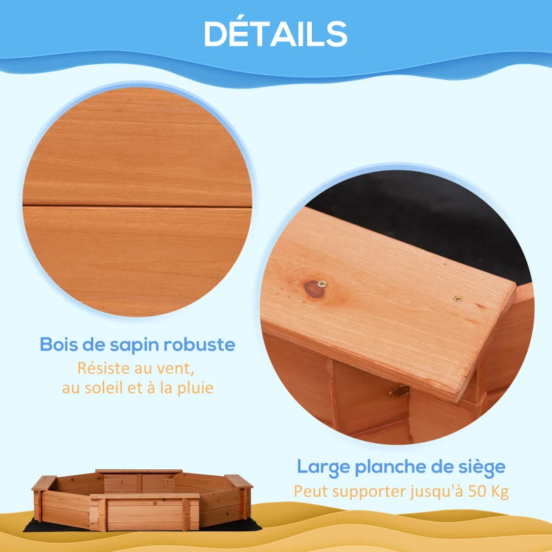 Outsunny Bac à sable en bois massif, octogonal,140 x 140 x 21,5 cm, 4 bancs avec bâche de couverture et sol non tissé, protection UV, facile à installer, jeux extérieur enfant, orange