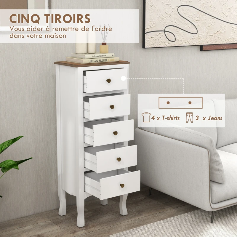 HOMCOM Chiffonnier 5 tiroirs, Meuble de rangement compact blanc avec poignée bouton effet laiton