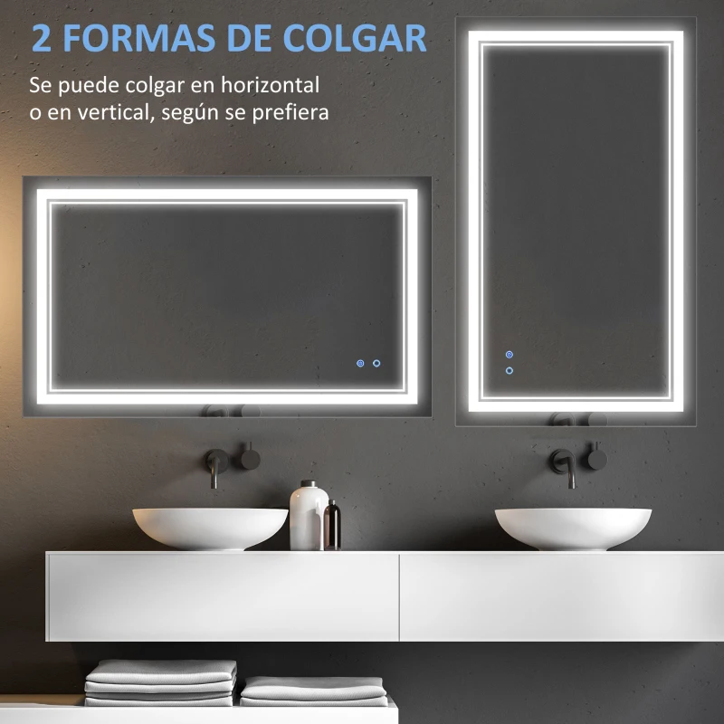 kleankin Espejo de Baño con Luz LED con Interruptor Táctil Color de Luz Ajustable y Función de Memoria 100x60 cm Plata