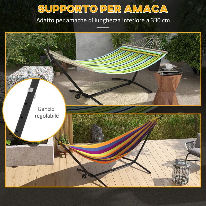 Outsunny Supporto per Amaca da 330 cm max con 6 Fori e Rotelle, in Metallo, 290x120x115 cm, Nero