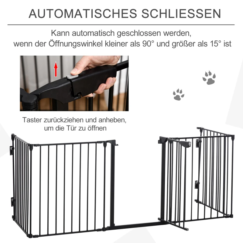 PawHut 2-in-1 Absperrgitter, Haustier-Laufstall, Sicherheitstor, faltbar, Metall, 300 x 3 x 74,5 cm, Schwarz(m-6)