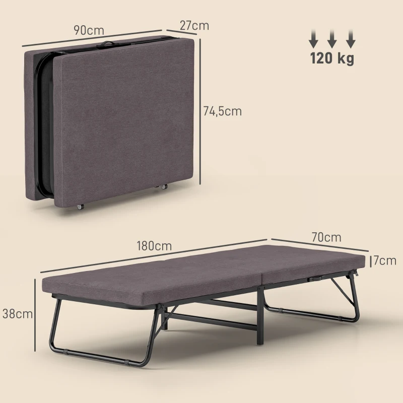 HOMCOM Cama Plegatín Plegable 70x180 cm con Colchón de Espuma Respaldo Ajustable en 5 Posiciones y Ruedas Carga 120 kg Marrón