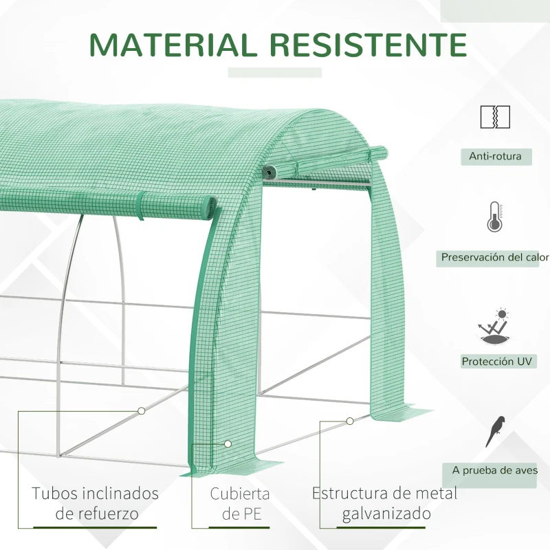 Outsunny Invernadero de Túnel 6x3x2 m con Puerta y 12 Ventanas de Malla Enrollables Invernadero de Huerto para Patio Jardín Verde