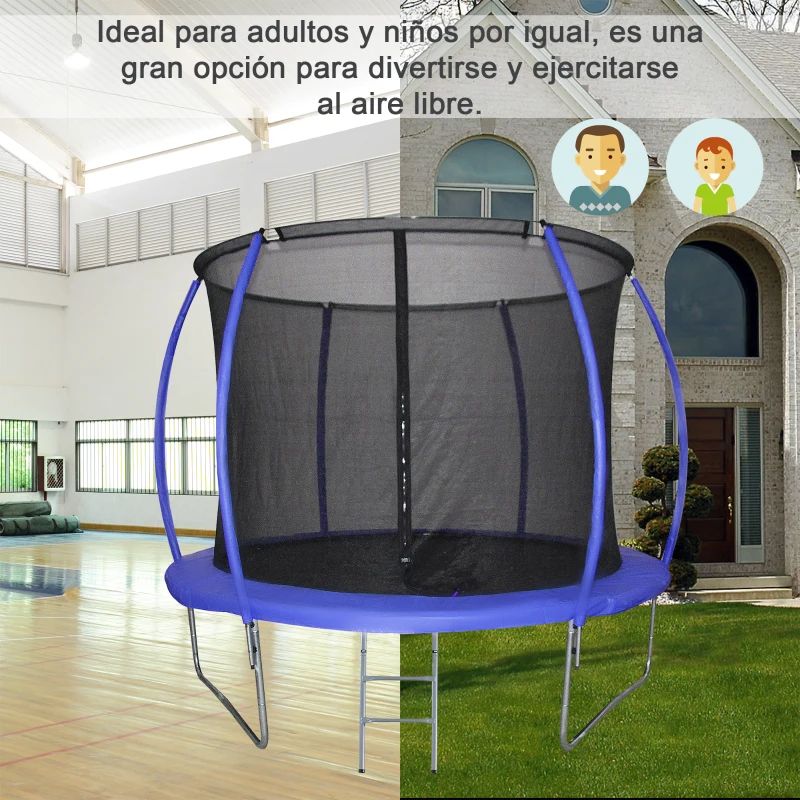 HOMCOM Cama Elástica Multifuncional Estable para Exterior e Interior Patio Gimnasio Trampolín Grande con Red Seguridad y Escalera Carga 100kg para Adultos y Niños Φ244x205 cm Azul
