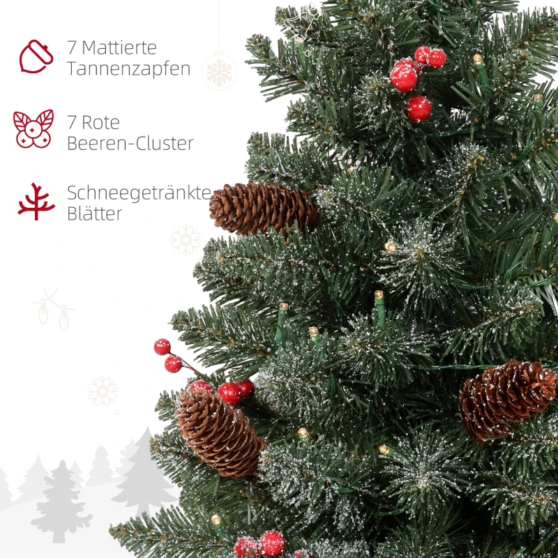 HOMCOM Weihnachtsbaum mit LED-Beleuchtung, 60 cm, Tannenzapfen und rote Beeren, inkl. Ständer, Grün/Weiß