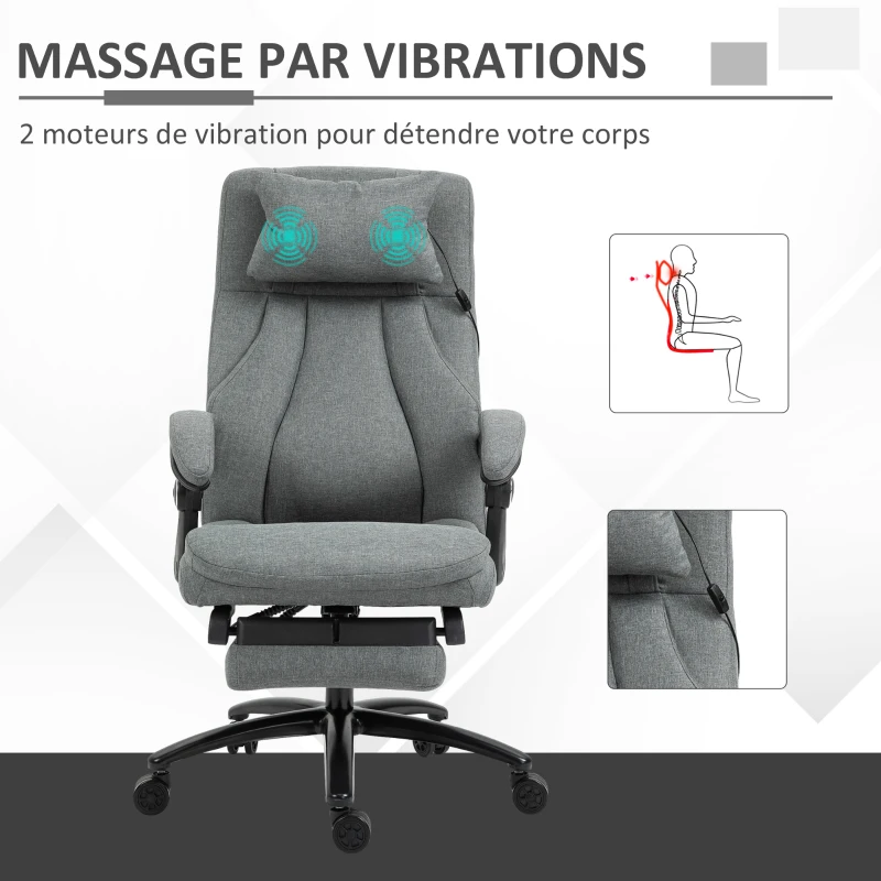 Vinsetto Fauteuil de bureau direction massant hauteur réglable dossier inclinable repose-pied intégré lin gris