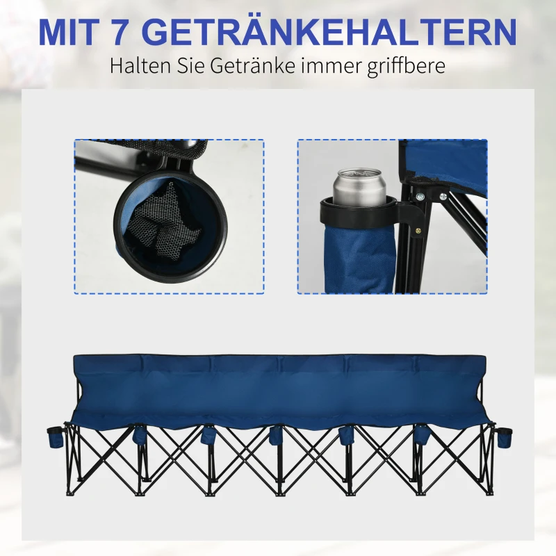 Outsunny Campingbank Faltbank Gartenbank Klappbank Bank Camping 6-Sitzer mit Tragetasche, Oxford+Metall, Schwarz/Blau, 259x48x80cm (Blau)