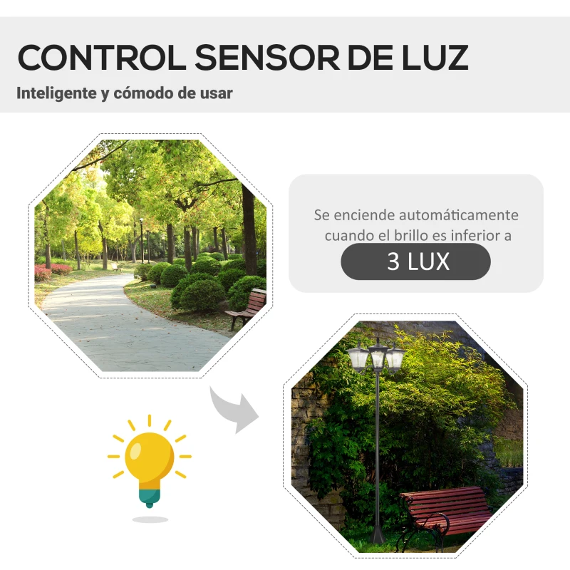 Outsunny Lampadaire de jardin extérieur à LED solaire avec capteurs 3 abat-jours - H.182.5 cm - IP44