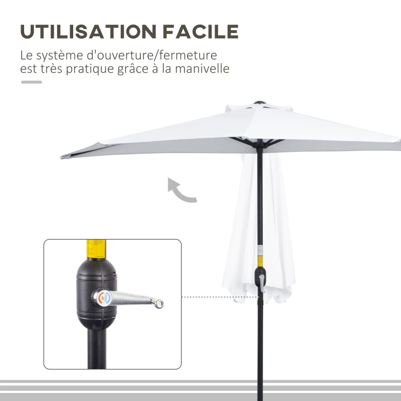 Outsunny Demi-Parasol Ø 2,6 m, parasol de balcon 5 entretoises acier polyester crème