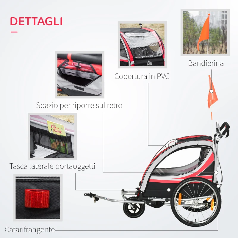 HOMCOM Rimorchio Bici per Bambini e Passeggino, Design 2 in 1 con Freno, Cintura a 5 Punti, Carrello Rimorchio per Bicicletta con Tasche Laterali, Catarifrangenti e Bandierina, Rosso
