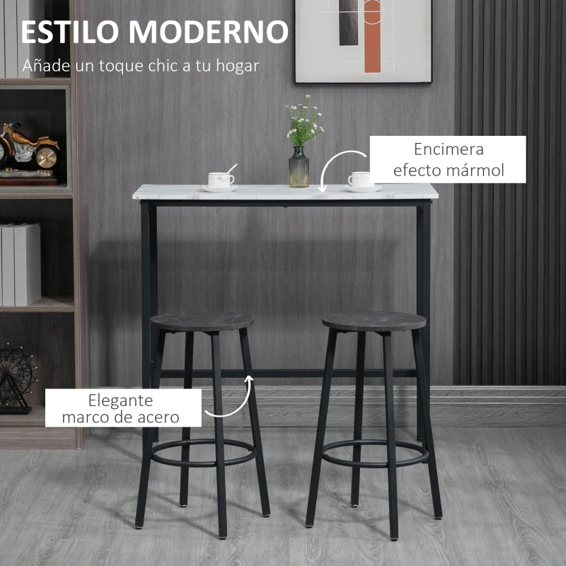 HOMCOM Conjunto de Mesa Alta de Bar con 2 Taburetes Redondo Set de 3 Piezas con Marco de Acero de Estilo Moderno Blanco y Negro