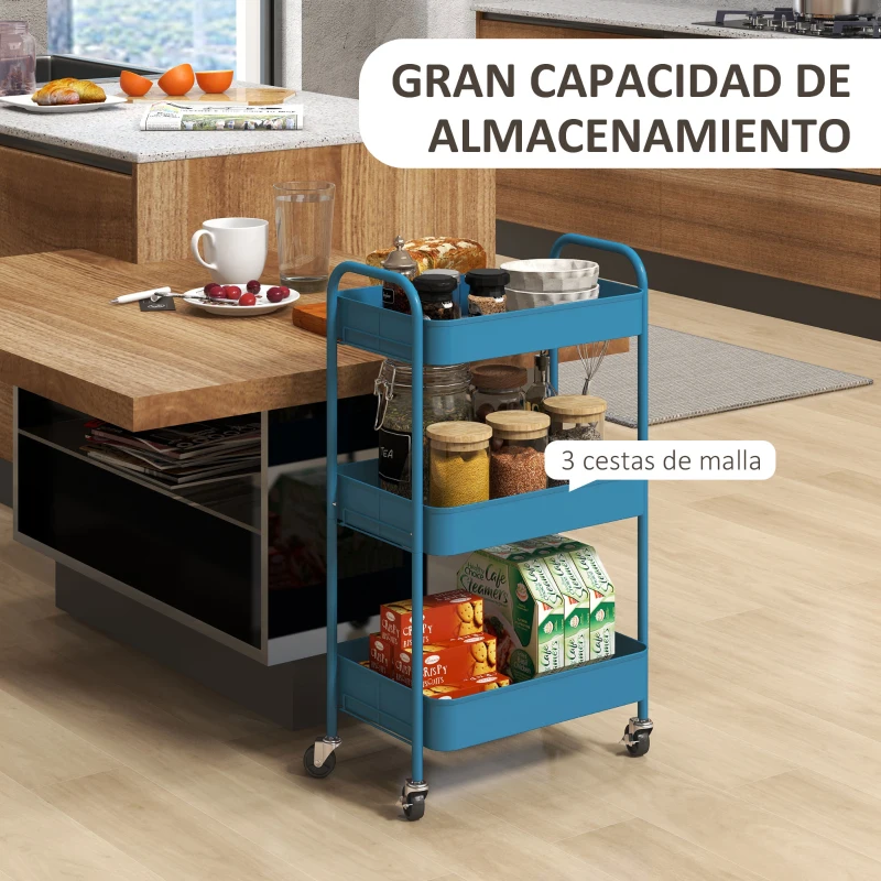 HOMCOM Carrito de Almacenamiento con 3 Cestas y Marco de Acero para Salón Dormitorio Oficina Cocina 45x30,6x79 cm Azul Oscuro