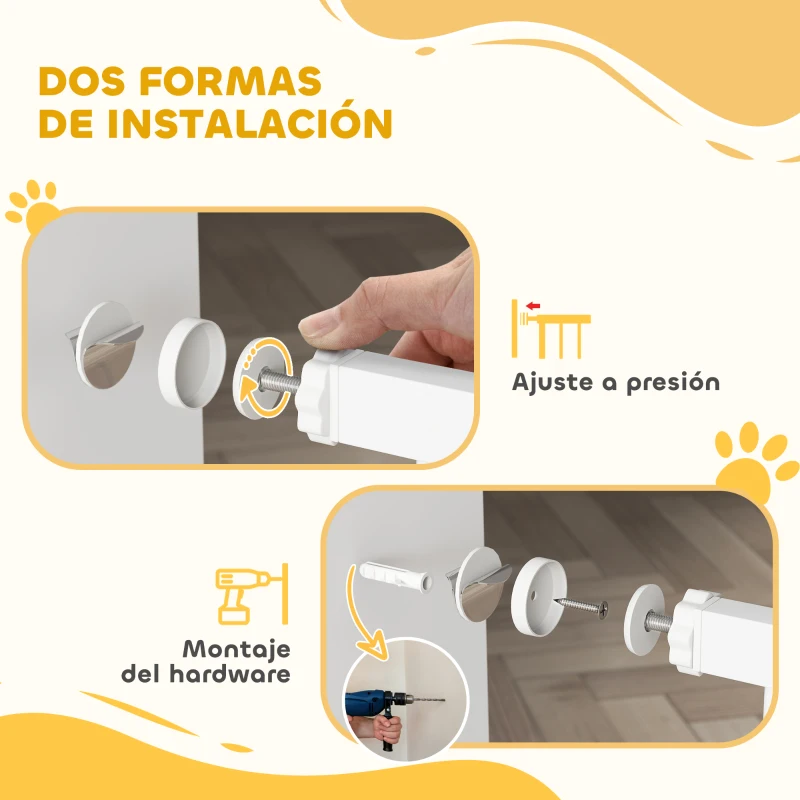 PawHut Barrera de Seguridad para Perros con Ancho Ajustable 76-104 cm con 2 Extensiones para Escalera Puerta Blanco