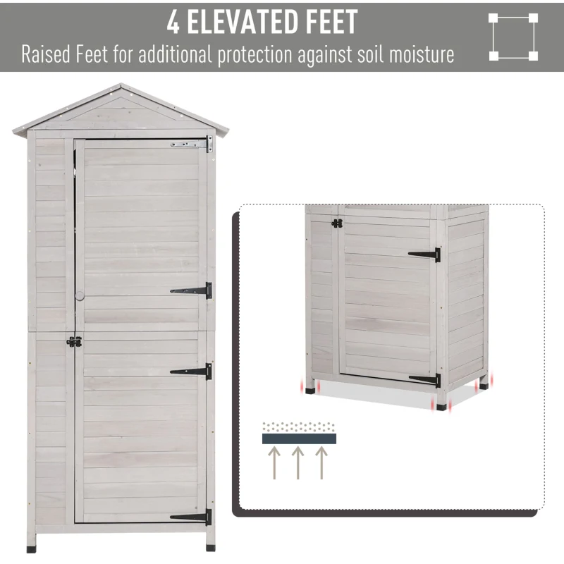 Outsunny Garden Shed Outdoor Wooden Garden Cabinet 4-Tier Storage Shed 3 Shelves Lockable Organizer with Handle Tin Roof Magnetic Latch Foot Pad 90 x 63 x 200cm Light Grey