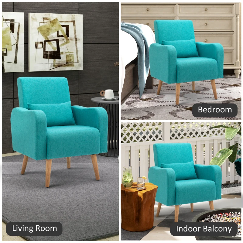 HOMCOM Accent Chair, Linen-Touch Armchair with Pillow, Upholstered Leisure Lounge Sofa for Living Room, Club Chair with Rubber Wooden Frame, Teal