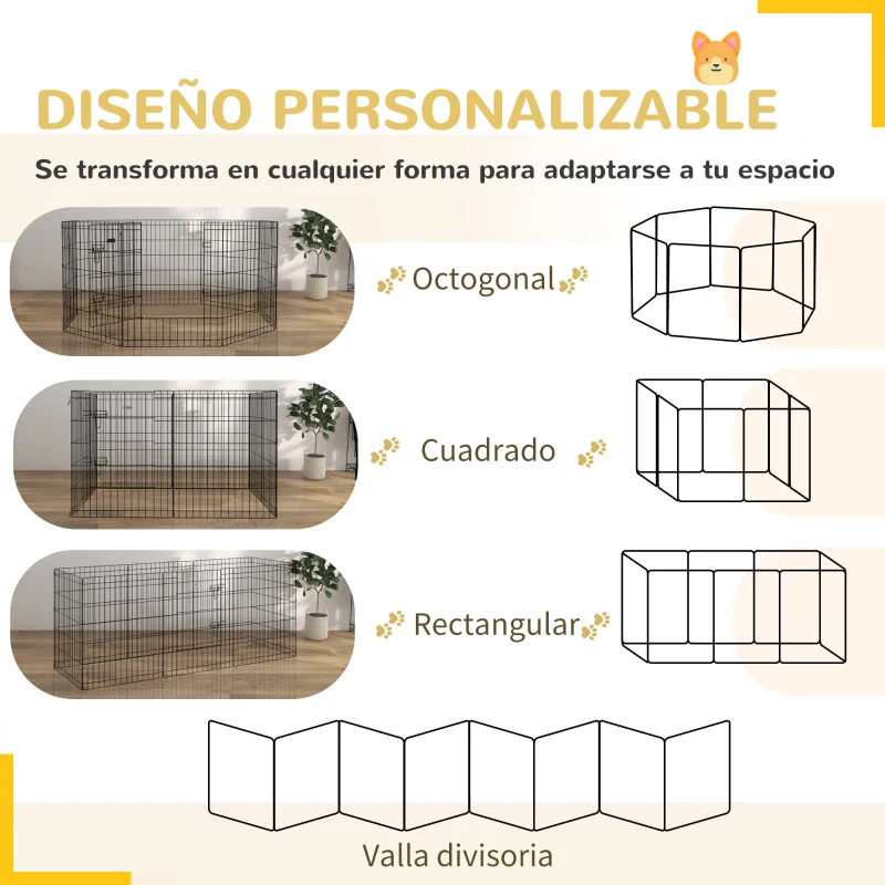 PawHut Corralito para Perros de 8 Paneles 76x61 cm Forma Personalizada con Puerta y Doble Cerradura para Jardín Patio Negro