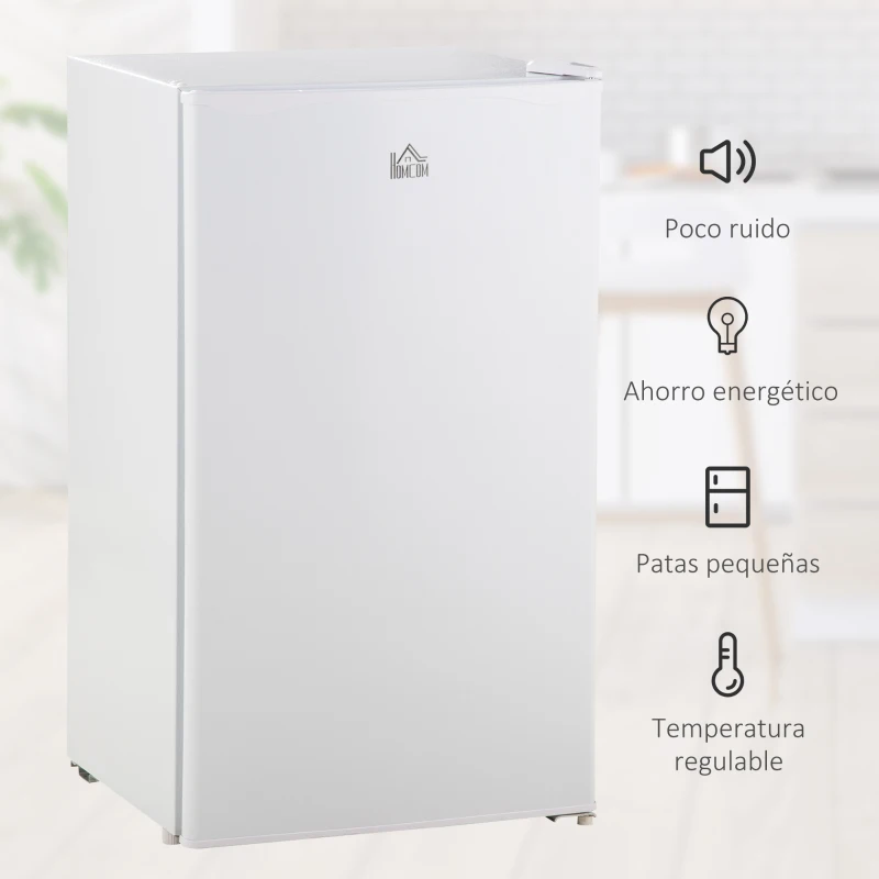 HOMCOM Mini Nevera Silenciosa 91 L Clase E, Frigorífico Pequeño, Nevera Pequeña Bajo Encimera con Temperatura Regulable 5 Niveles, Puerta Reversible, Estantes Ajustables, Blanco