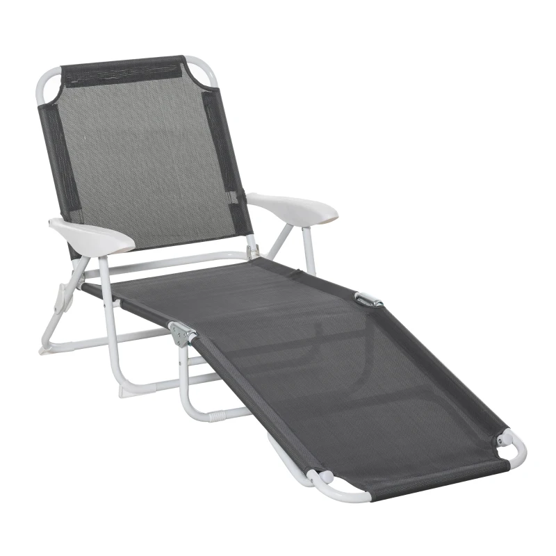 Outsunny Foldable Sun Lounger, Outdoor 4 Level Adjustable Backrest Reclining Lounge Chair with Armrests for Patio, Garden, Dark Grey