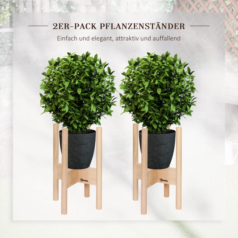Outsunny Blumenständer 2er Set aus Holz Pflanzenständer Set mit unterschiedlichen Höhen Blumenhocker Blumentopfhalter Pflanzenhocker für Blumentopf Natur