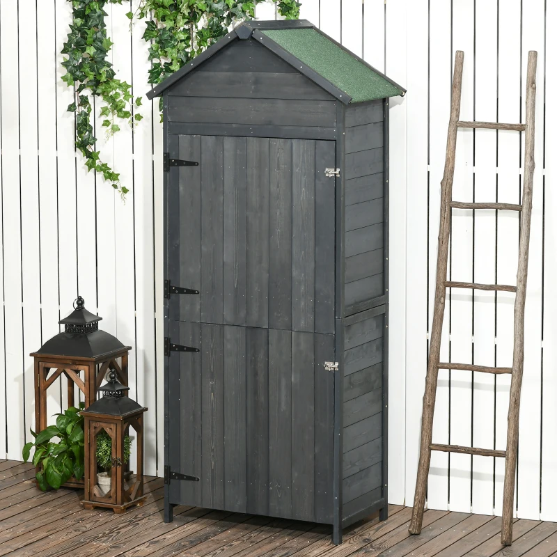 Outsunny Wooden Outdoor Storage Shed, Compact Utility Outdoor Tool Shed with Lockable Double Doors and Shelves, Dark Grey