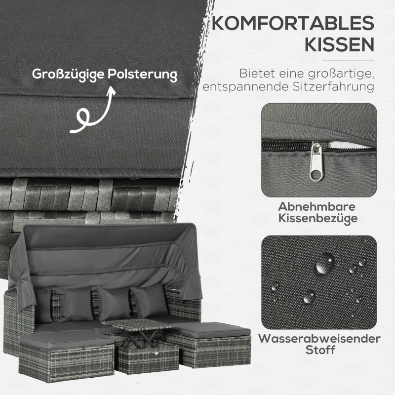 Outsunny Poly Rattan Lounge Set Loungegruppe mit Sonnendach Faltdach Sitzgruppe Sonneninsel  inkl. Kissen und Beistelltisch Gartenmöbel Outdoor Grau