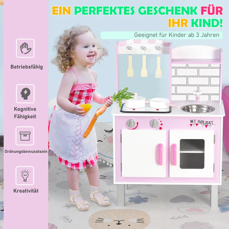HOMCOM Kinderküche mit Zubehör Herde Spielzeugküche Spielküche Kinderküche Holz 3 Jahre+ Spielzeugküche für Kinder Kieferbeine+MDF Rosa 55 x 30 x 80 cm