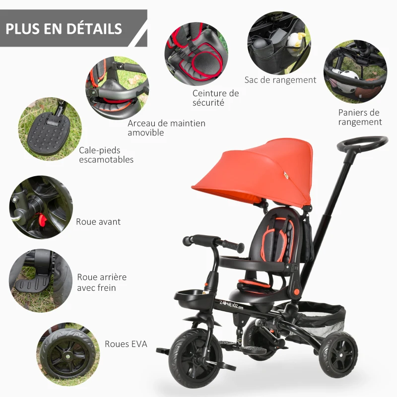 HOMCOM Tricycle Enfant évolutif Pliable 4 en 1 Multifonction - Pare-Soleil, Canne télescopique Amovible - siège pivotant, Harnais, Arceau sécurité - 3 paniers Rangement - métal PP Rouge Noir