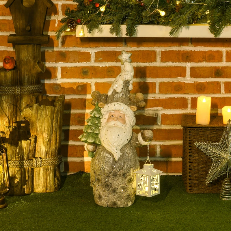 HOMCOM Weihnachtsdeko, Weihnachtsmann mit Tanne und Laterne, warme LED-Beleuchtung, Batteriebetrieb, In- und Outdoor, 55 cm