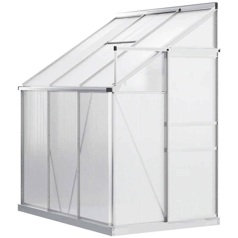 Outsunny 6 x 4ft Lean to Wall Polycarbonate Greenhouse Aluminium Walk-in Garden Greenhouse with Adjustable Roof Vent, Rain Gutter and Sliding Door, Clear