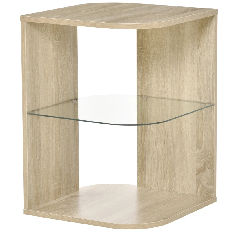 HOMCOM Mesita Auxiliar de Salón Moderna Mesilla de Noche con 3 Estantes Tablero de Cristal Mesita de Café para Sala de Estar Dormitorio 40x40x56 cm Madera Natural