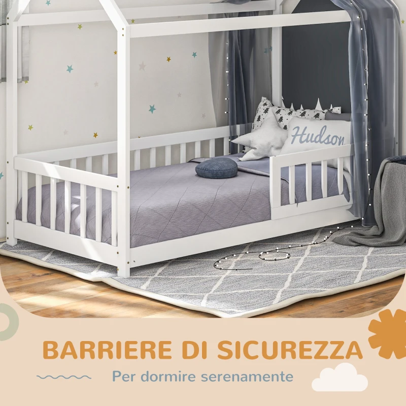HOMCOM Struttura Letto per Bambini a Forma di Casetta con Doghe e Recinzione, in Legno di Pino, 96x195x165 cm, Bianco
