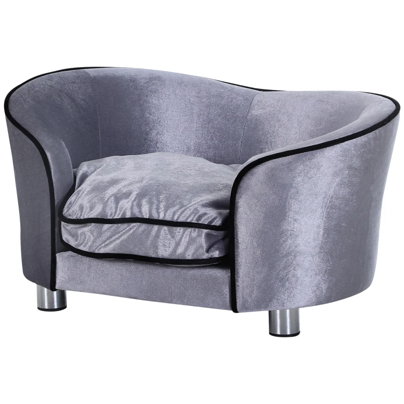 PawHut Hundesofa, Hundebett, waschbares Sitzkissen, Plüschbezug, Naturholzrahmen, hellgrau, 69 x 49 x 38cm