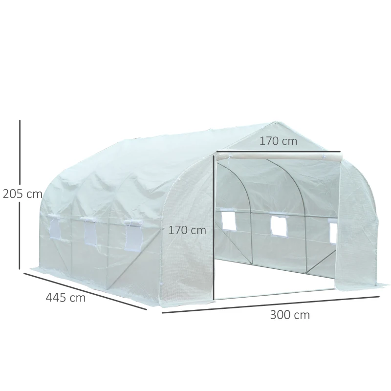 Outsunny Serre Tunnel de Jardin 13,35 m² dim. 4,5L x 3l x 2H m Porte + 6 fenêtres enroulables Acier galvanisé bâche PE Haute densité Blanc