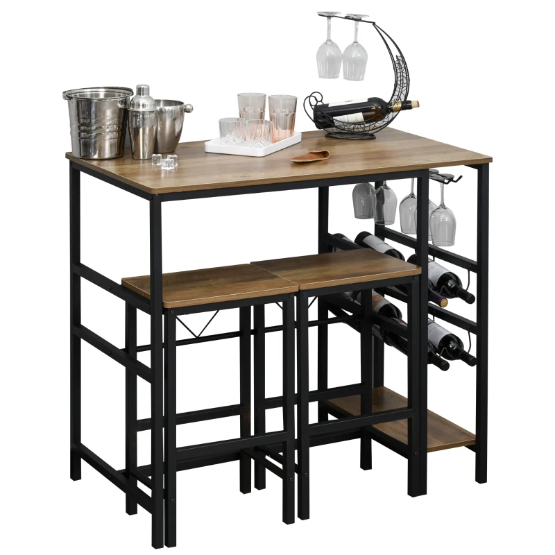 HOMCOM Bartisch-Set, Stehtisch mit 2 Barhockern, 3-teiliges Tischset Küchentresen mit Flaschenhalterung Spanplatte, Stahl, Natur+Schwarz, 108 x 60x 95H cm