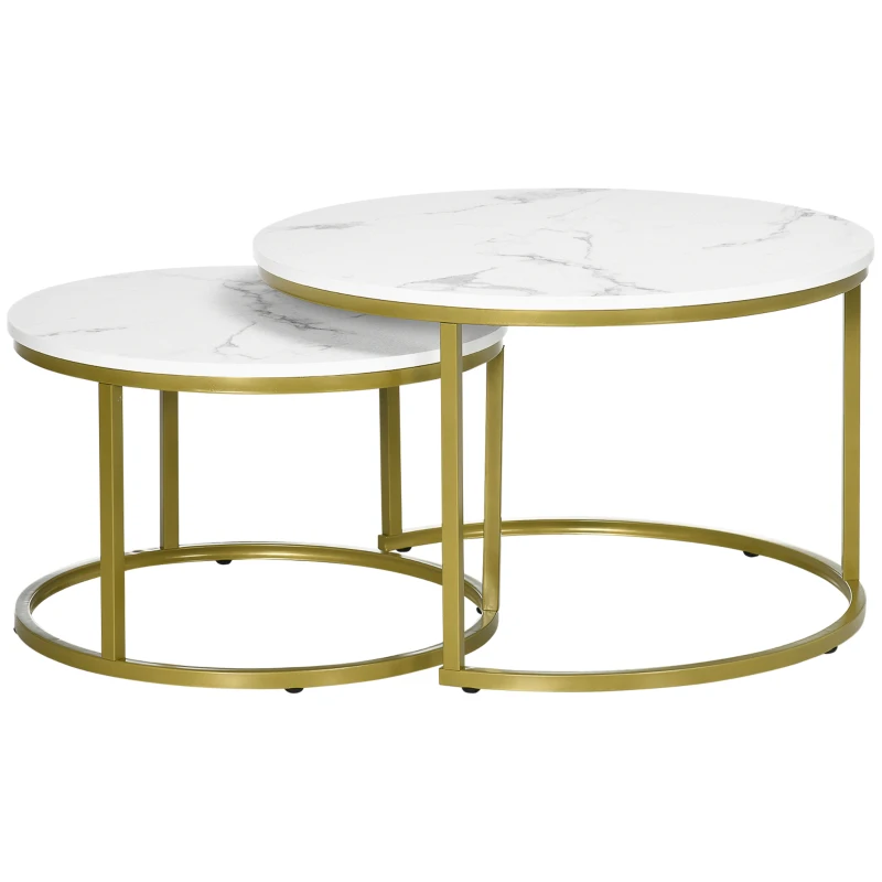 HOMCOM Lot de 2 tables basses gigognes tables rondes plateau aspect marbre et pied en acier Ø 74 x 46,3 cm blanc doré