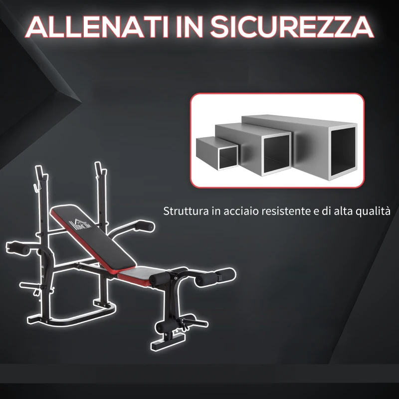 HOMCOM Panca Multifunzione Stazione Fitness con Schienale Regolabile, Leg Curl e Porta Bilanciere, 128x155x112cm, Nero e Rosso